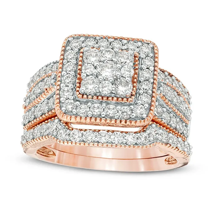 125 CT TW Composite Natural Diamond Square Frame Antique VintageStyle MultiRow Bridal Engagement Ring Set in Solid 10K Rose Gold Goldia Rings