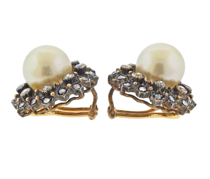 Buccellati Earrings Buccellati South Sea Pearl Diamond Gold Silver Earrings