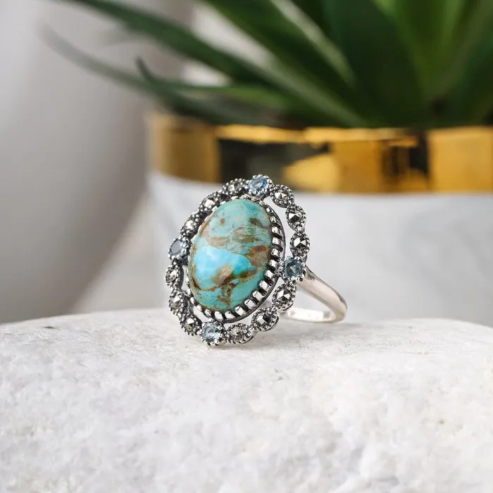 YoTreasure Blue Mohave Turquoise Swiss Blue Topaz Marcasite 925 Sterling Silver Ring Rings